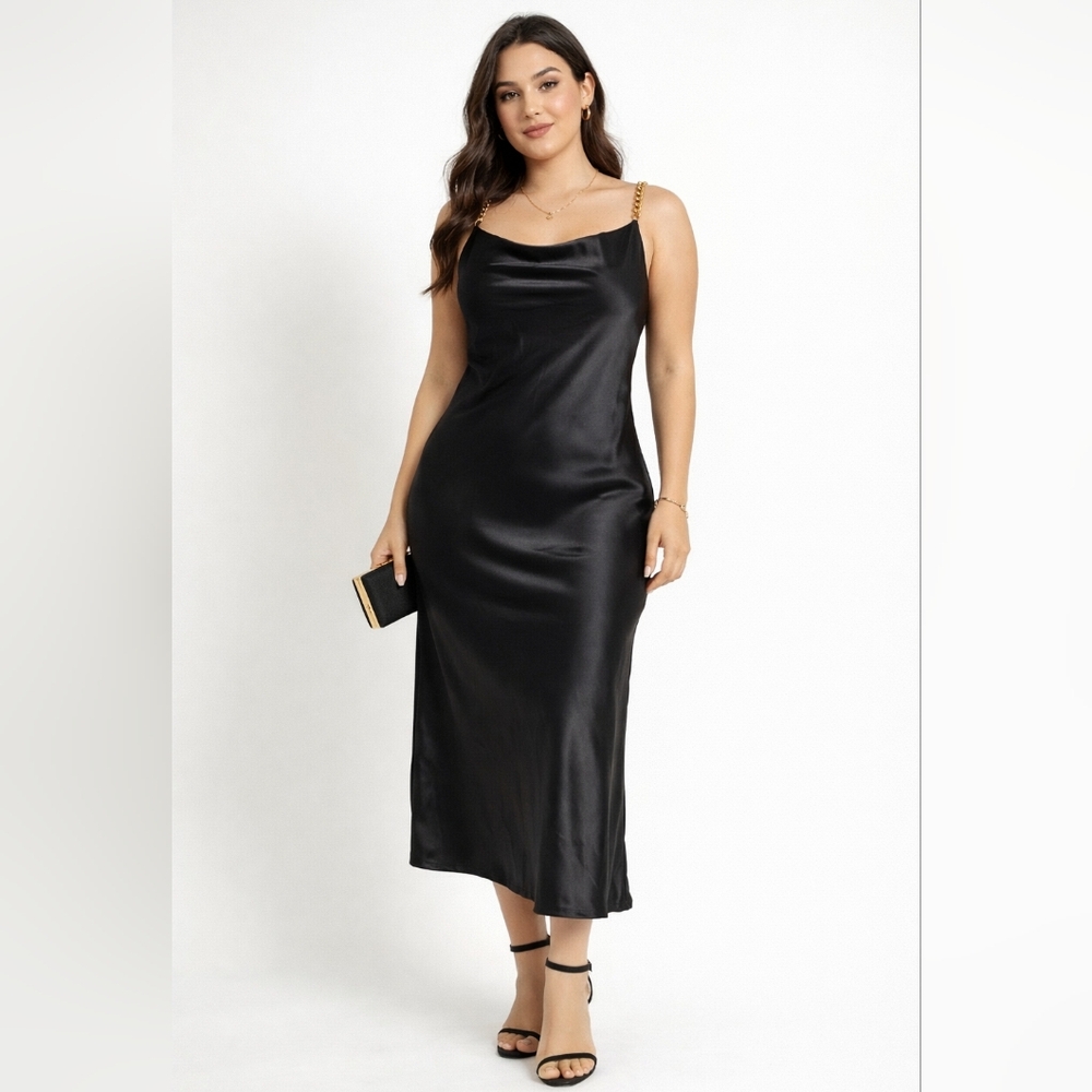 Sollinarry Black Satin Backless slip-style Dress, Women's Size L ✨️NWT✨️